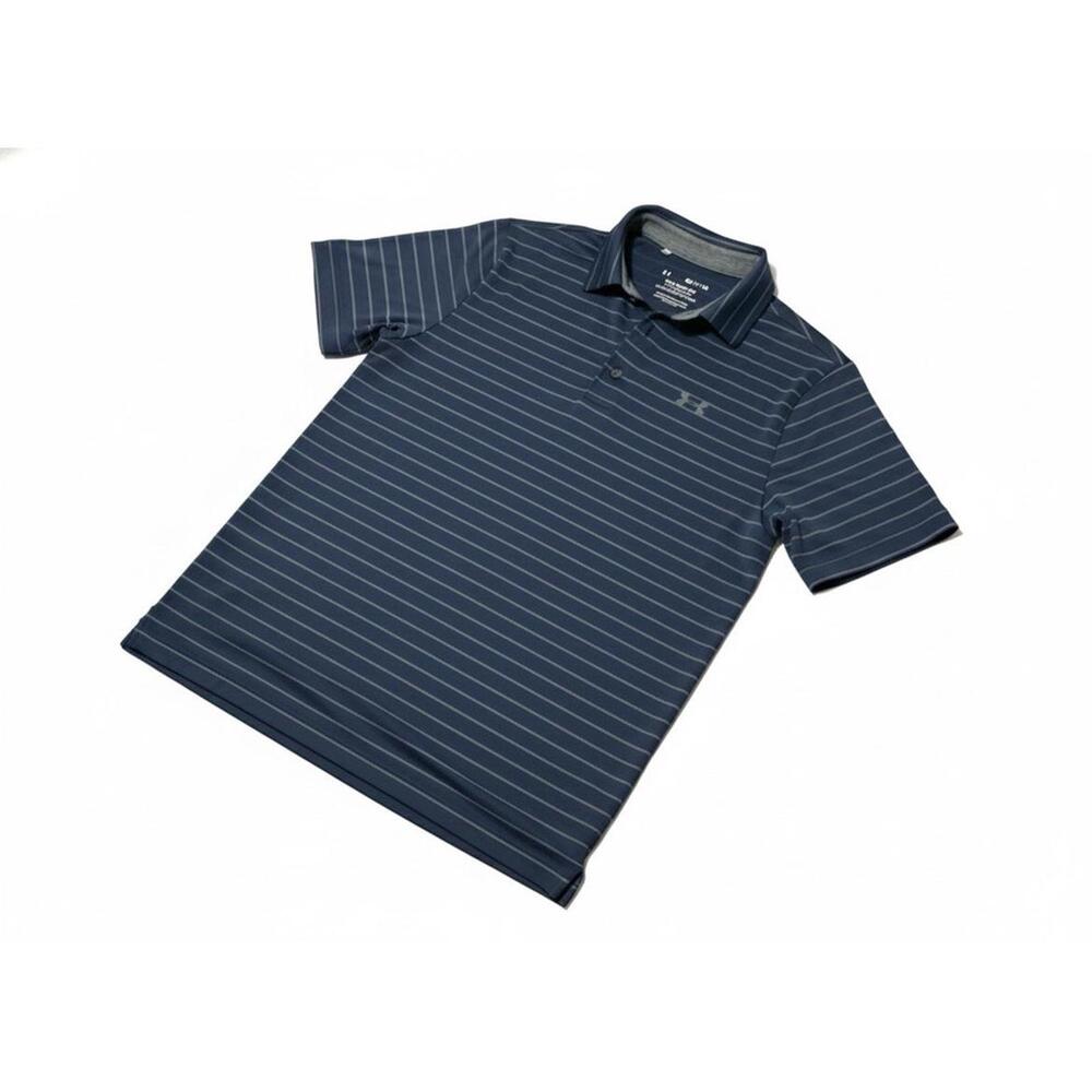 Under Armour Men's Playoff Polo Shirt Navy Blue w/ Light Grey Stripes Size small